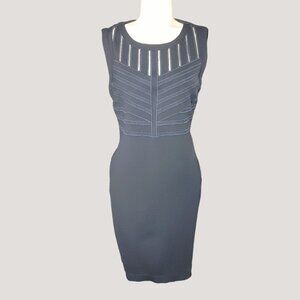 T Tahari Size 10 Dress Navy Blue Sleeveless Bodycon Style  Sheer Striped Detail